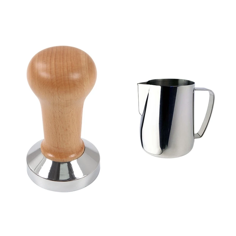 

New Coffee Tamper Wooden Handle Barista Espresso Machine 51Mm & 350Ml Stainless Steel Frothing Pitcher Pull Flower Cup