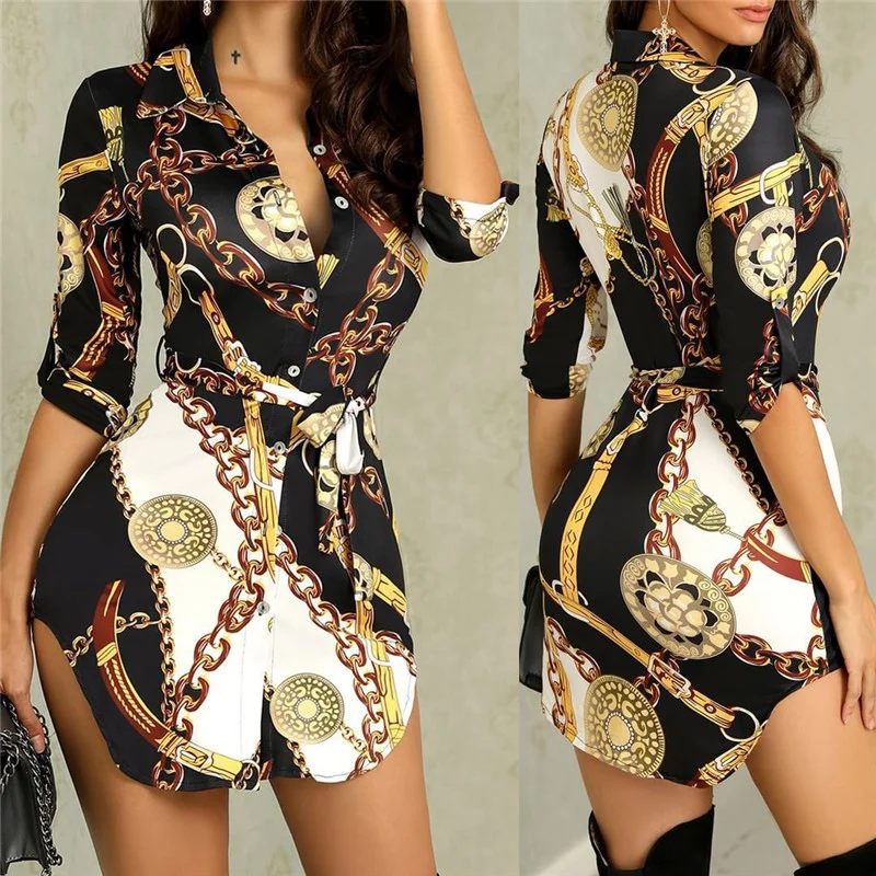 Women Sexy Fashion Chain Strap Print Dress Half Sleeve Turn-down Button Slim Shirt Dress Office Lady Clothes for Summer Spring
Women Sexy Fashion Chain Strap Print Dress Half Sleeve Turn-down Button Slim Shirt Dress Office Lady Clothes for Summer Spring
