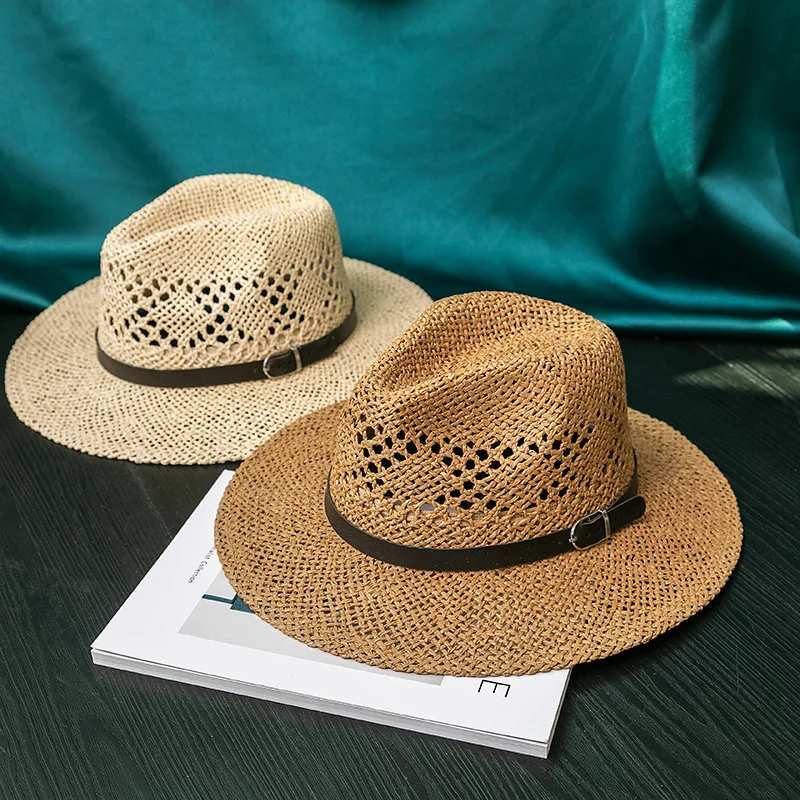 

202205-2509340 dropshipping summer handmade paper grass belt Gentleman Panama fedoras cap men women leisure JAZZ hat