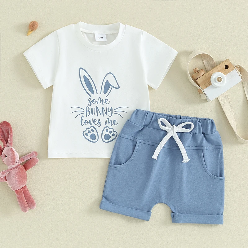 Easter Toddler Boys Summer Clothes Sets Bunny Ear Print Short Sleeve T-Shirts with Elastic Waist Solid Color Shorts 2pcs Outfits 
Easter Toddler Boys Summer Clothes Sets Bunny Ear Print Short Sleeve T-Shirts with Elastic Waist Solid Color Shorts 2pcs Outfits