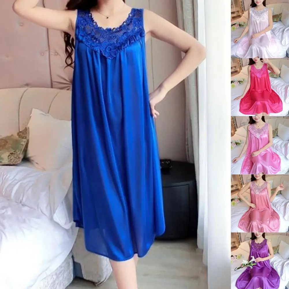 Female Nightgown Sleeveless Lace Stitching V-neck Sexy Women Faux Silk Sleepwear for Lady
Female Nightgown Sleeveless Lace Stitching V-neck Sexy Women Faux Silk Sleepwear for Lady