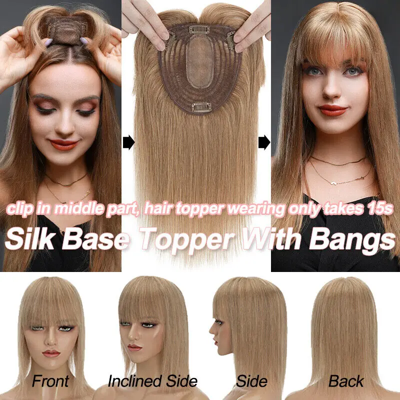 

Silk Base Topper Clip In Real Human Hair Wigs Women Toupee Hairpiece With Bangs Blonde Hair Toppers For Women Hair Extensions