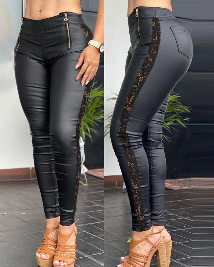 Women's Pants Crochet Lace Patch Zipper Design Pu Leather Pants Skinny Pu Leather Lace Zipper Skinny Trousers
Women's Pants Crochet Lace Patch Zipper Design Pu Leather Pants Skinny Pu Leather Lace Zipper Skinny Trousers