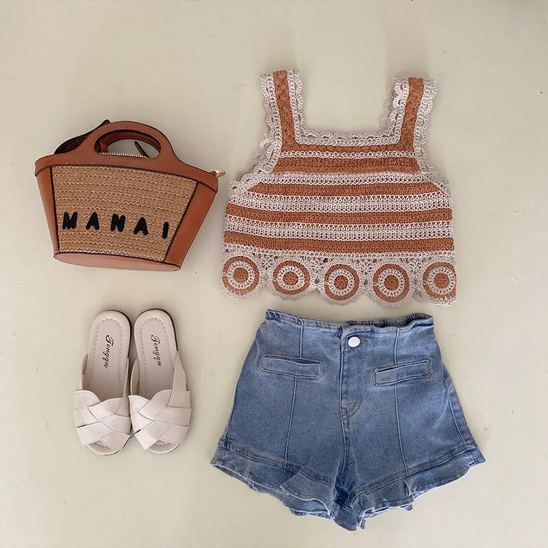 Korea Toddler Girls Flower Crochet Knitted Vest Kids Strap Tops + Ruffle Denims Shorts Summer Baby Outfits 2Pcs Children Clothes
Korea Toddler Girls Flower Crochet Knitted Vest Kids Strap Tops + Ruffle Denims Shorts Summer Baby Outfits 2Pcs Children Clothes