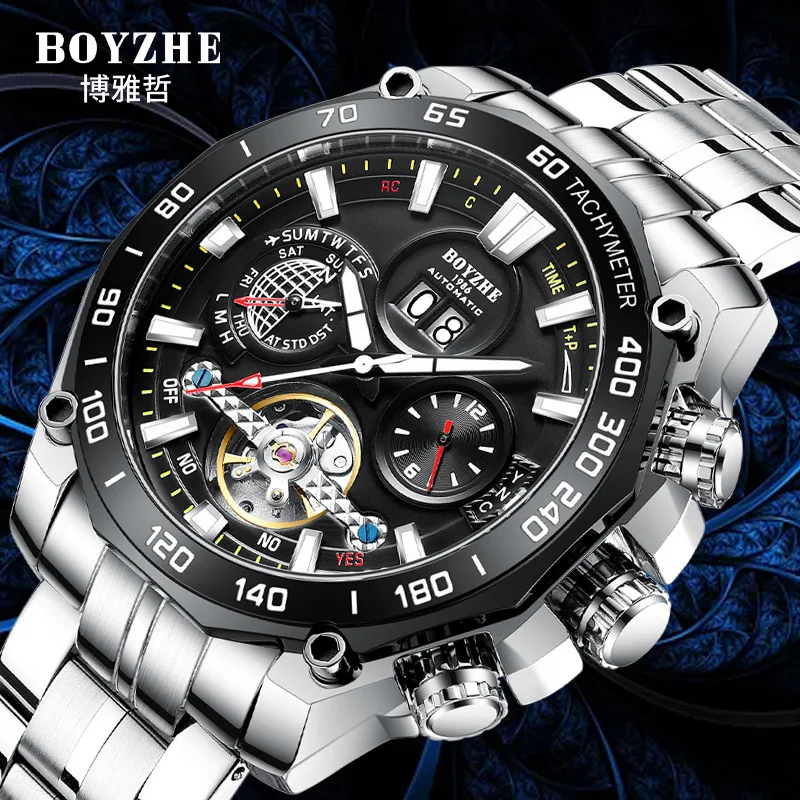 

5pc Custom Logo Mechanical Men Watch-Bulk Double-date Automatic Multifunction Waterproof Luminous Hollowed Tourbillon Wristwatch