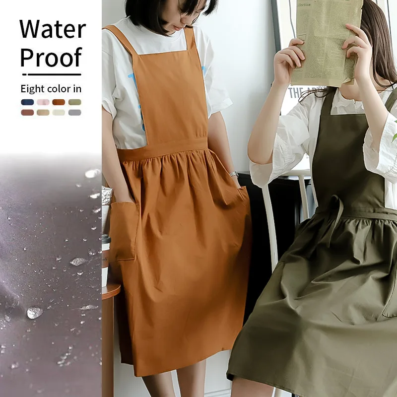 

Korean Style Water-proof Unisex Adult Apron Washed Cotton Aprons Simple Lady's Kitchen Cooking Coffee Bars Use Kitchenware