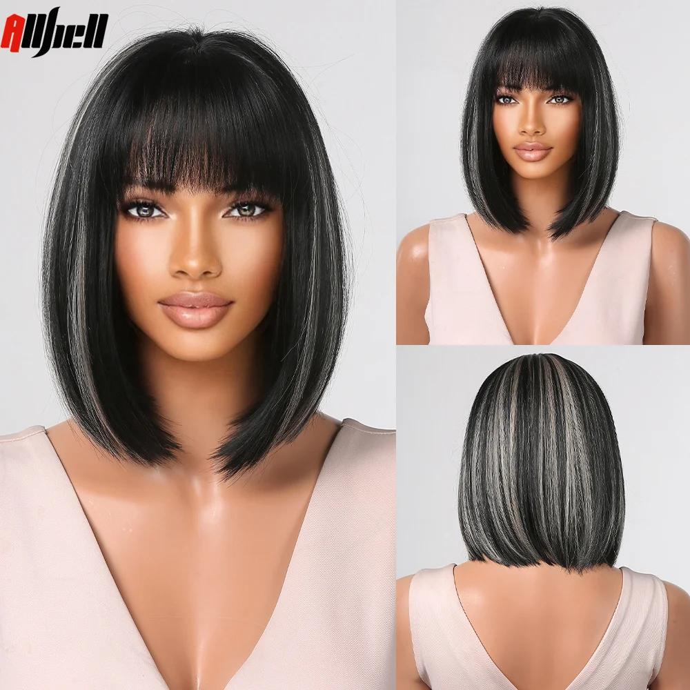 

Black Blonde Highlights Bob Synthetic Wigs with Bangs Short Straight Daily Natural Wig for Women Cosplay Hair Heat Resistant