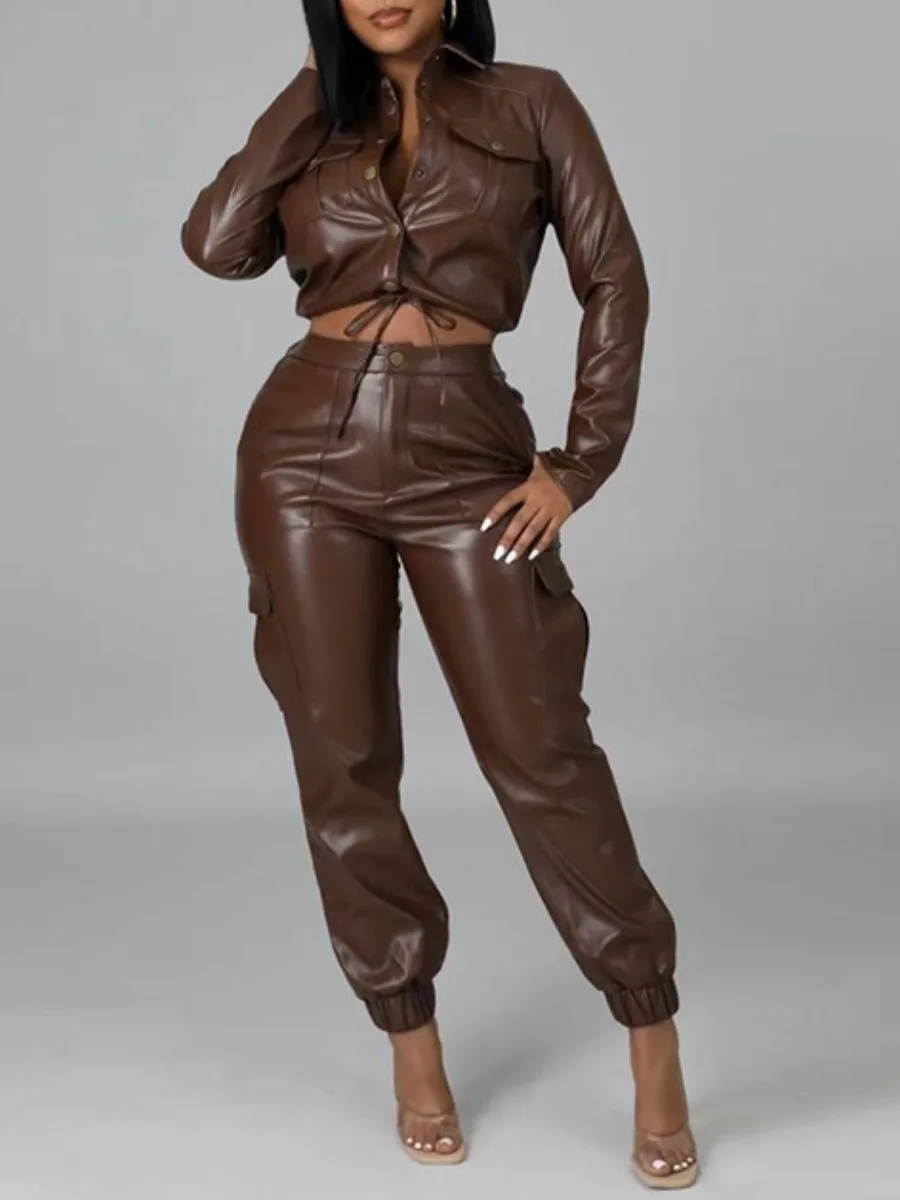 LW 2022 Autumn Women Clothes Two Pieces Sexy Faux Leather Turn Down Collar Drawstring Side Pocket Streetwear Matching Set
LW 2022 Autumn Women Clothes Two Pieces Sexy Faux Leather Turn Down Collar Drawstring Side Pocket Streetwear Matching Set