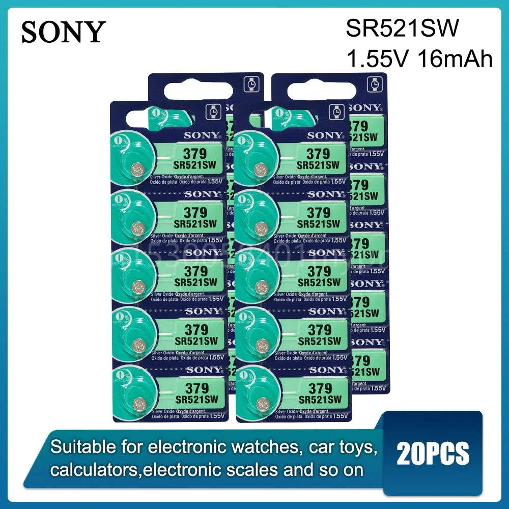 Батарея из оксида серебра для часов и игрушек Sony 379 SR521SW 1,55 в, 20 шт., AG0 LR69 D379 SR63 V379, сделано в Японии
Батарея из оксида серебра для часов и игрушек Sony 379 SR521SW 1,55 в, 20 шт., AG0 LR69 D379 SR63 V379, сделано в Японии