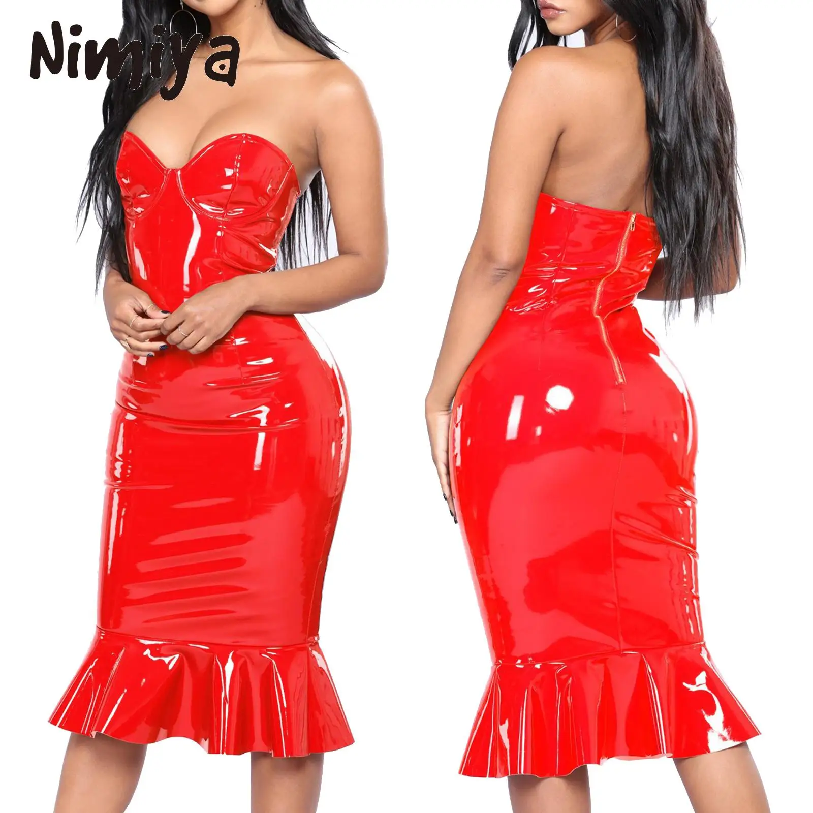 Nimiya Women Glossy Pure Patent Leather 6XL Strapless Dress with Back Zipper Ruffled Hem Soft Party Dress Cocktai Night Clubwear
Nimiya Women Glossy Pure Patent Leather 6XL Strapless Dress with Back Zipper Ruffled Hem Soft Party Dress Cocktai Night Clubwear
