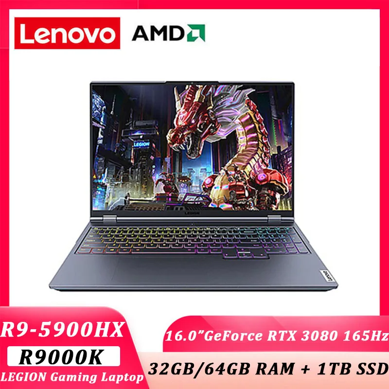 

Lenovo Gaming Laptop Legion R9000K 2021 e-sports 16inch AMD R9-5900HX 32GB/64GB RAM 1TB SSD RTX 3080 2.5K 165Hz Backlit Notebook