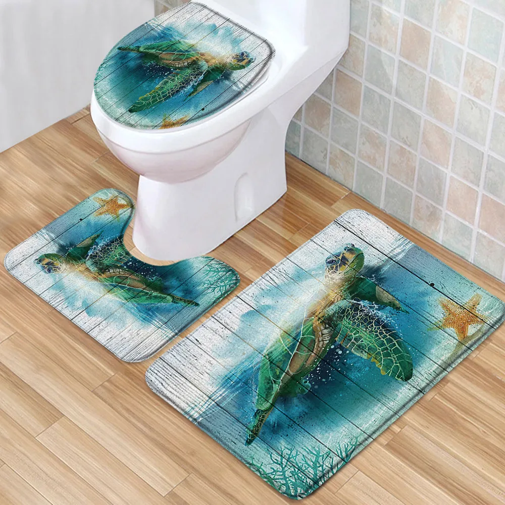 

Sea Turtle Bath Mat Set Ocean Underwater World Sea Star 3D Print Low Pile Memory Foam Bath Mat Toilet Cover U-Shaped Carpet