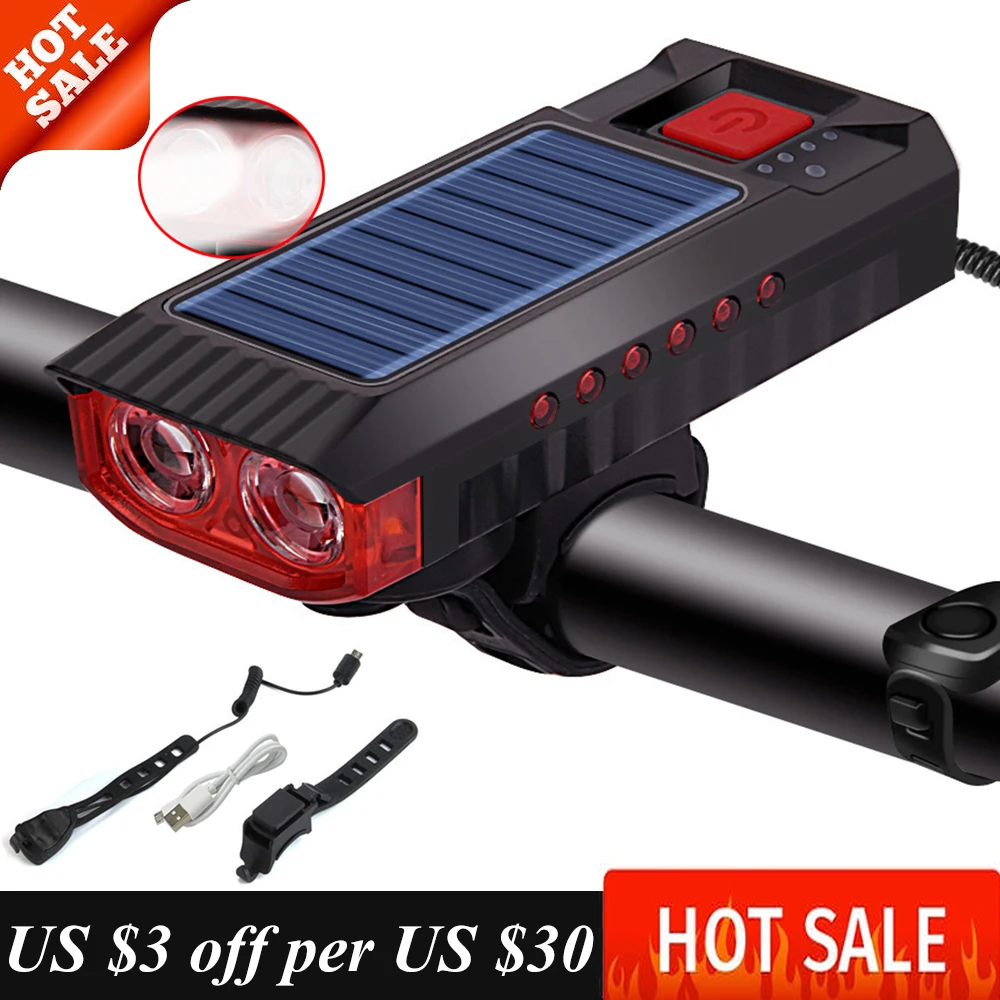 

Велосипедный светодиодный фонарь на солнечной батарее, зарядка через USB, передний и задний фонарь для горного и дорожного велосипеда, аксес...