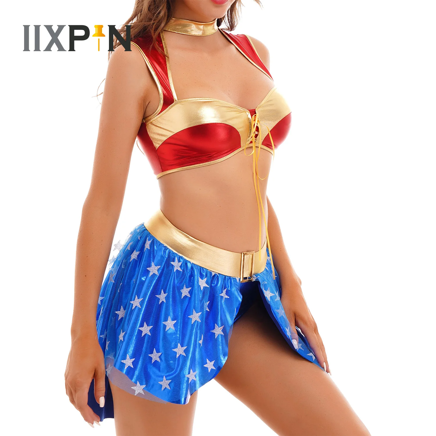 Womens Wonder Girl Costumes Halloween Movie Theme Party Role Play Outfits Clubwear Cutout Crop Top+Mini Skirt Fancy Dress Up
Womens Wonder Girl Costumes Halloween Movie Theme Party Role Play Outfits Clubwear Cutout Crop Top+Mini Skirt Fancy Dress Up