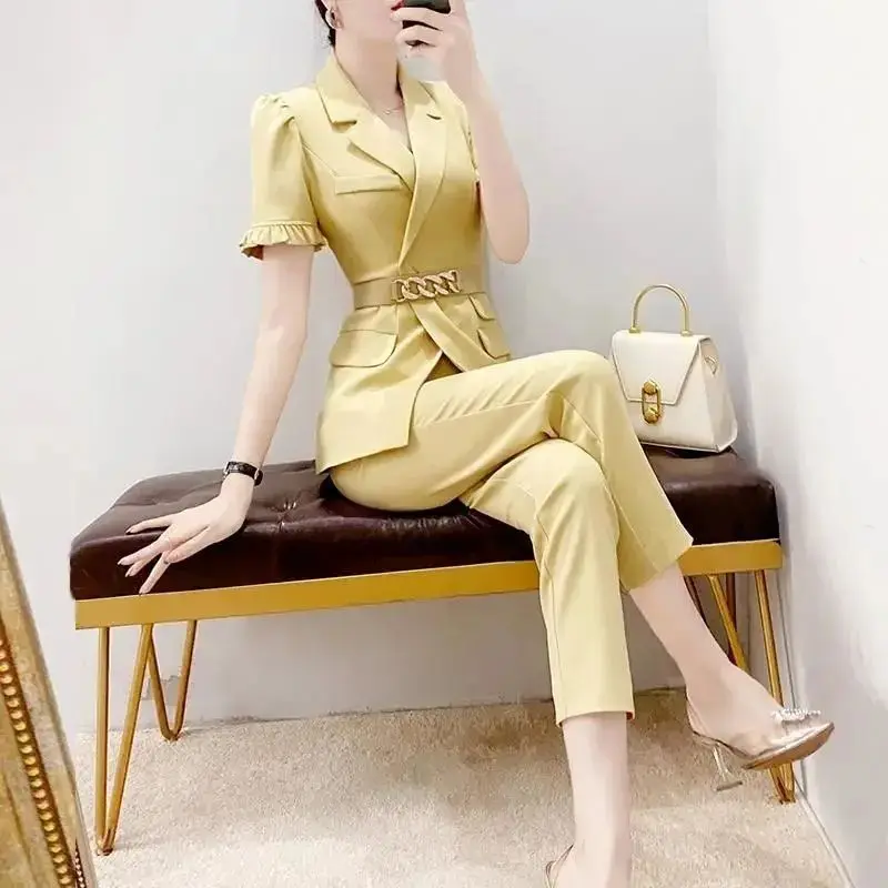 Korean Popular Belt Decoration Ruffle Short Sleeve Jacket Casual Trousers Two-piece Elegant Blazer for Women Pants Set Outfits
Korean Popular Belt Decoration Ruffle Short Sleeve Jacket Casual Trousers Two-piece Elegant Blazer for Women Pants Set Outfits