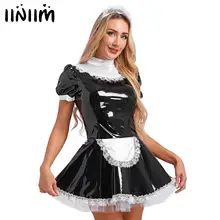 Women French Apron Maid Cosplay Dress with Lace Headband Ruffles Lace Apron Puff Sleeve GlossyPatent Leather Maid Servant Outfit