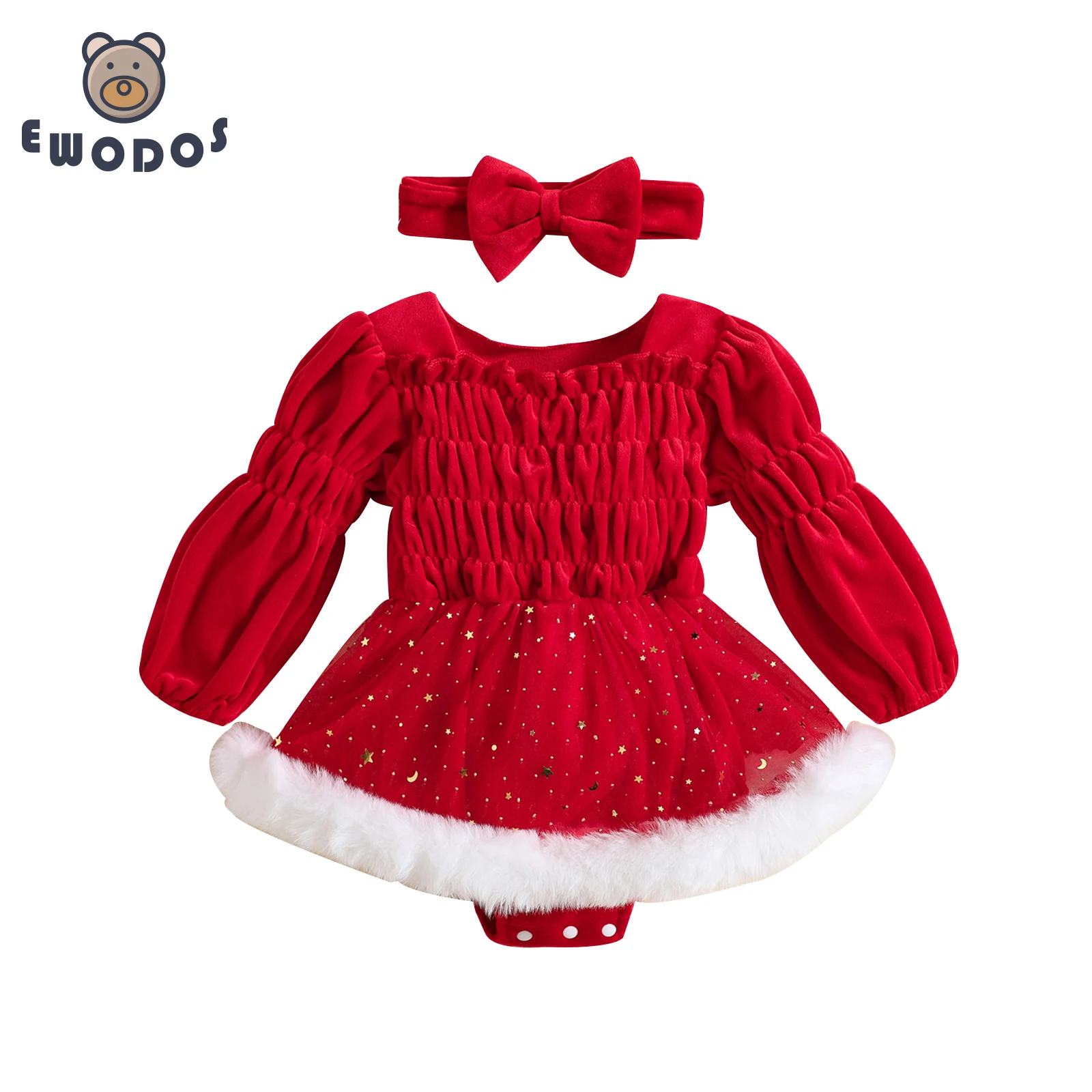 EWODOS Newborn Baby Girls Christmas Bodysuit Dress Winter Fashion Red Long Sleeve Star Moon Print Ruched Jumpsuit with Headband
EWODOS Newborn Baby Girls Christmas Bodysuit Dress Winter Fashion Red Long Sleeve Star Moon Print Ruched Jumpsuit with Headband