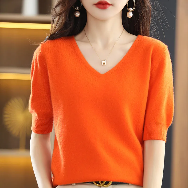 

Hot Sale 100% Wool Cashmere Women's Sweaters And Pullovers Autumn Female V-Neck Clothing Short SLeeve Soft Jumper Tops Sprin