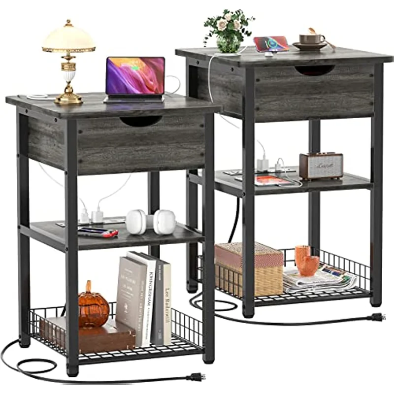 

Nightstand Set of 2 with Charging Station, End Table Side Table with USB Ports and Outlets, Flip Top Night Stands with Shelves