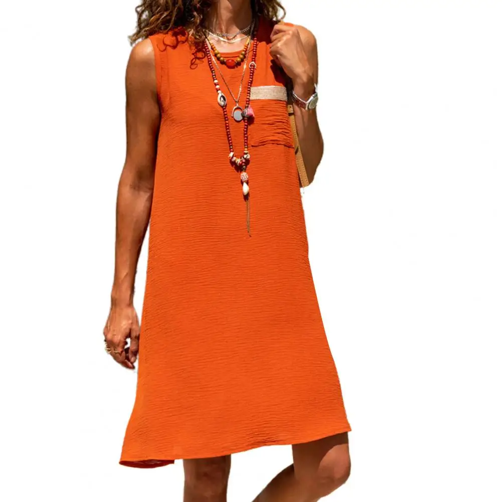 Women Midi Sundress Sleeveless Solid Color Knee Length Round Neck Loose Hem A-line Pockets Soft Breathable Summer Dress 2023
Women Midi Sundress Sleeveless Solid Color Knee Length Round Neck Loose Hem A-line Pockets Soft Breathable Summer Dress 2023