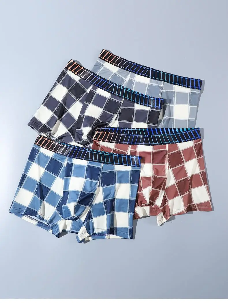 

16PCS Men's Ice Silk Underwear Antibacterial Boxer Shorts Head Boys Summer Thin Section Seamless Large Size Grid Male Underpants