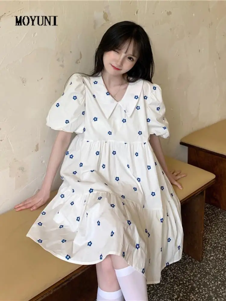 

MOYUNI Kawaii Floral Dress Women Summer Sweet Preppy Style Puff Sleeve Korean Fashion Short Dresses Loose Casual Elegant Robe