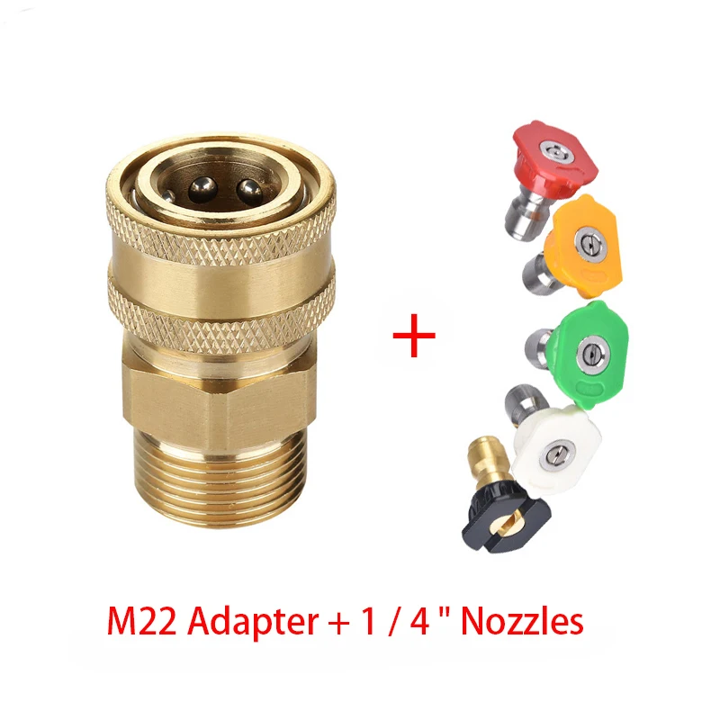 High Pressure Washer Copper Connector Adapter M22 Male 1/4" Female Quick Connection Adapter & 5 Pcs Car Washing Nozzles
High Pressure Washer Copper Connector Adapter M22 Male 1/4" Female Quick Connection Adapter & 5 Pcs Car Washing Nozzles