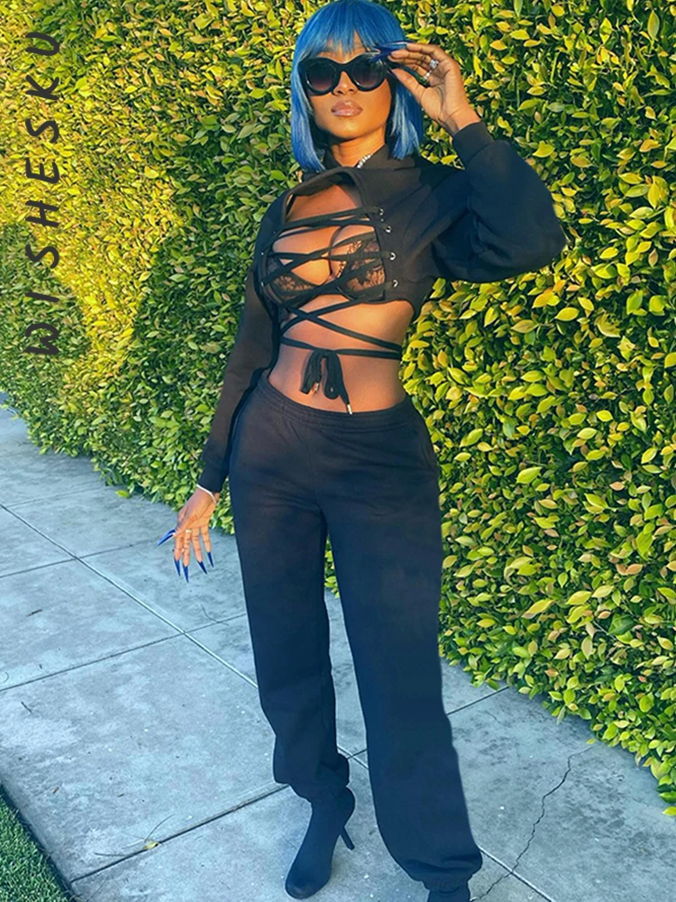 Two Piece Set Women Black Goth Tracksuits Sexy Bandage Lace Up Hollow Out Long Sleeve Crop Top+High Waist Sweatpants 2022 Fall
Two Piece Set Women Black Goth Tracksuits Sexy Bandage Lace Up Hollow Out Long Sleeve Crop Top+High Waist Sweatpants 2022 Fall