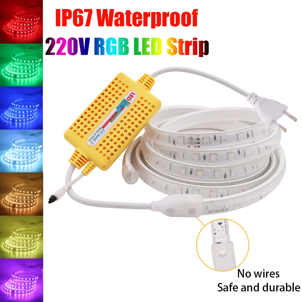 Waterproof IP67 RGB LED Strip Light 220V SMD 5050 60Leds/m Flexible Ribbon with IR Remote Controller Outdoor Lighting 1-100M
Waterproof IP67 RGB LED Strip Light 220V SMD 5050 60Leds/m Flexible Ribbon with IR Remote Controller Outdoor Lighting 1-100M