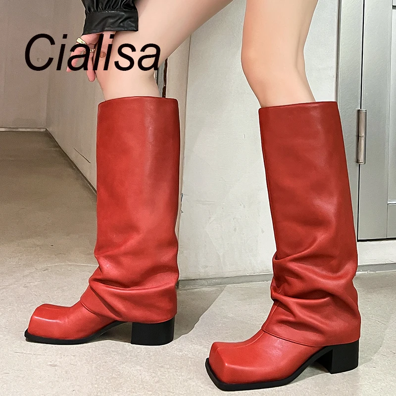 Женские Дизайнерские Сапоги до колена Cialisa, красные высокие сапоги из натуральной кожи с квадратным носком, на толстом каблуке, Осень-зима 41
Женские Дизайнерские Сапоги до колена Cialisa, красные высокие сапоги из натуральной кожи с квадратным носком, на толстом каблуке, Осень-зима 41
