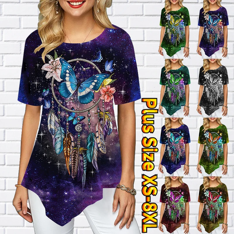 

Female Starry Sky Butterfly Feather Wind Chime Print Round Neck Retro Light Luxury Pointed Skirt Swing Short Sleeve XS-8XL