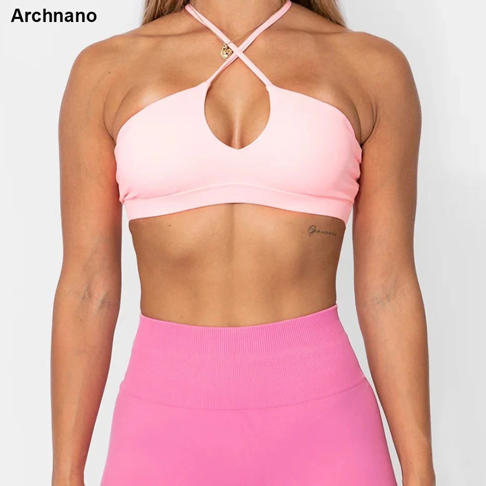 

Women's Sports Bra Strappy Criss Cross Back Bra Backless Removable Pink Padded Yoga Crop Top