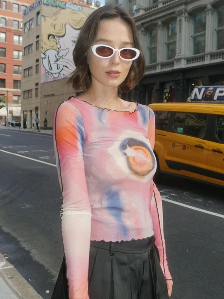 O-Neck Graphic T Shirts for Women Mesh Print Long Sleeve Top See Through Aesthetic Clothes Casual Y2k Clothing Ropa De Mujer
O-Neck Graphic T Shirts for Women Mesh Print Long Sleeve Top See Through Aesthetic Clothes Casual Y2k Clothing Ropa De Mujer