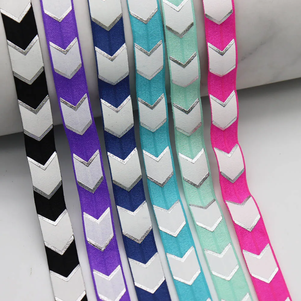 

5/8" 15MM Sliver Foil Big Chevron With White Ink Printed Fold Over Elastic FOE Ribbon For Ponytail Hair Tie Hair Accessories