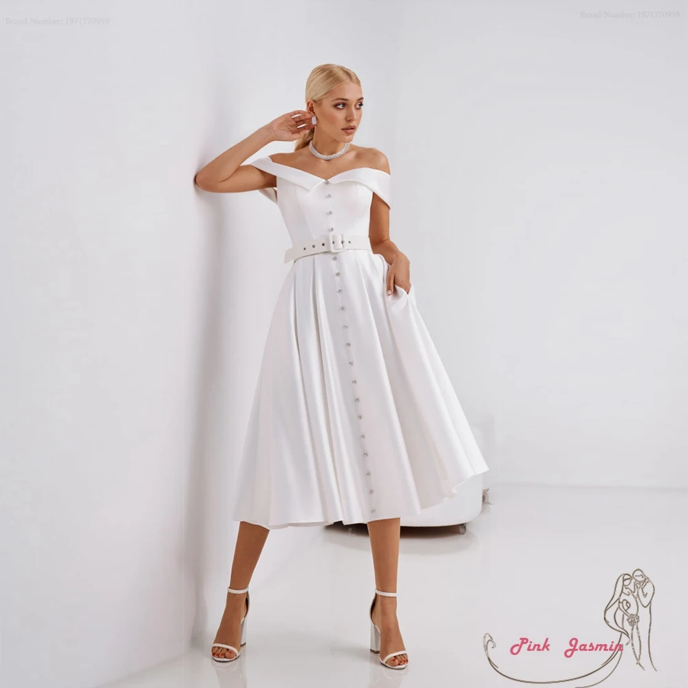 Fashion White Satin Bridal Gowns for Women Off Shoulder Mid Calf Wedding Dresses Belt Buttom Zipper Back Vestidos De Novia 2023
Fashion White Satin Bridal Gowns for Women Off Shoulder Mid Calf Wedding Dresses Belt Buttom Zipper Back Vestidos De Novia 2023