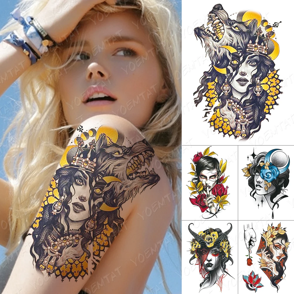 

Водостойкие временные тату-наклейки, родовая девушка, волк, роза, полумесяц, кленовый лист, боди-арт, 3D искусственная татуировка для мужчин, ...
