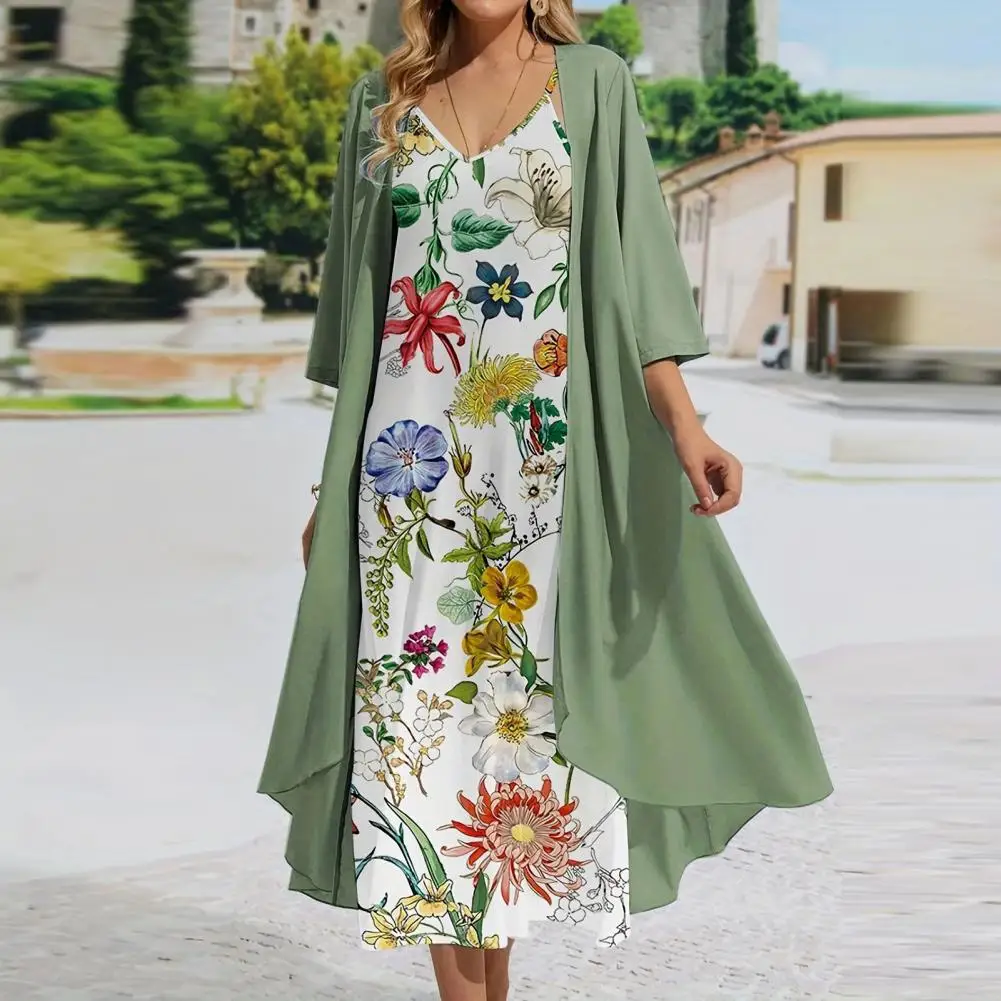 Женский комплект с цветочным принтом, кардиган на бретельках, макси-платье без рукавов, солнцезащитное платье с полурукавом 
Женский комплект с цветочным принтом, кардиган на бретельках, макси-платье без рукавов, солнцезащитное платье с полурукавом