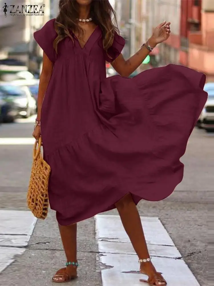 ZANZEA 2022 Elegant Women Summer Sundress V Neck Ruffle Dress Short Sleeve Midi Vestidos Female Solid Holiday Robe Femme Oversiz
ZANZEA 2022 Elegant Women Summer Sundress V Neck Ruffle Dress Short Sleeve Midi Vestidos Female Solid Holiday Robe Femme Oversiz