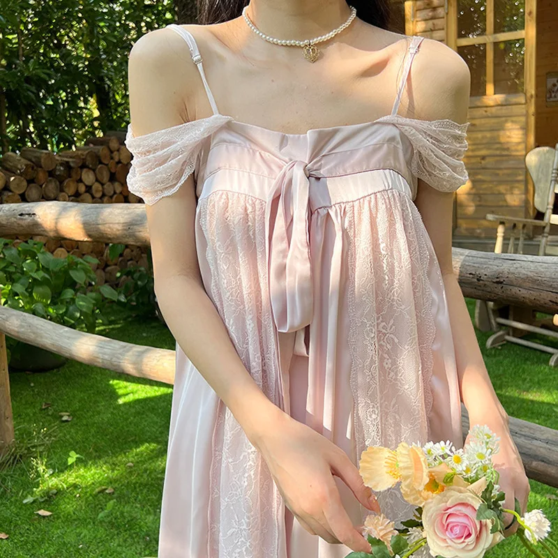 

Long Nightgown Summer Female French Court Style Nightdress Sleepwear Sexy Lace Nightdress Home Dressing Gown Loose Lounge Wear