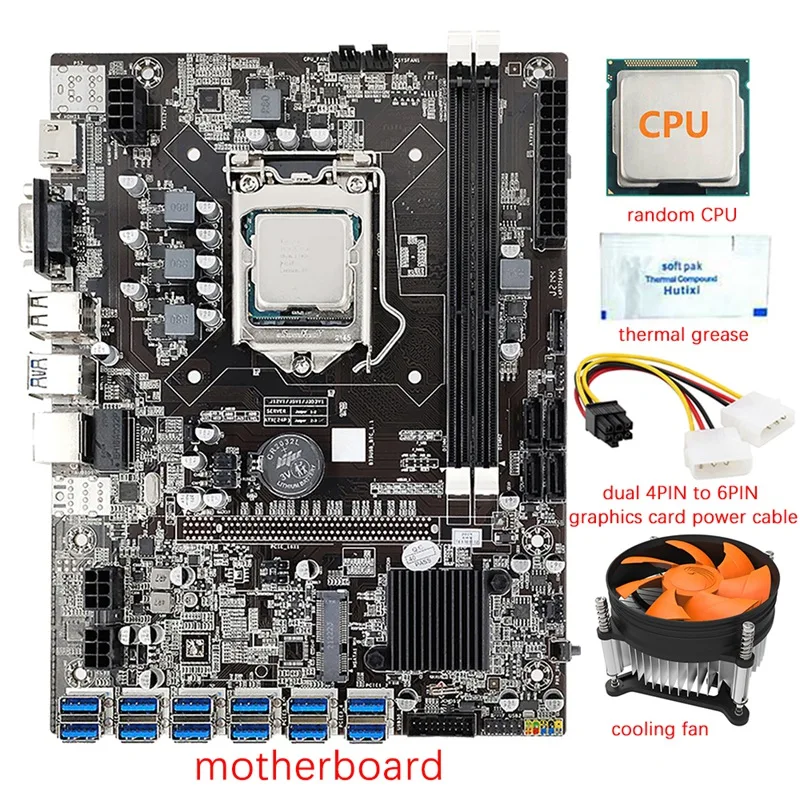 

12 GPU B75 Mining Motherboard+CPU+Fan+Thermal Grease+Power Cable 12X USB3.0(PCIE) Slot LGA1155 DDR3 RAM SATA3.0 For BTC