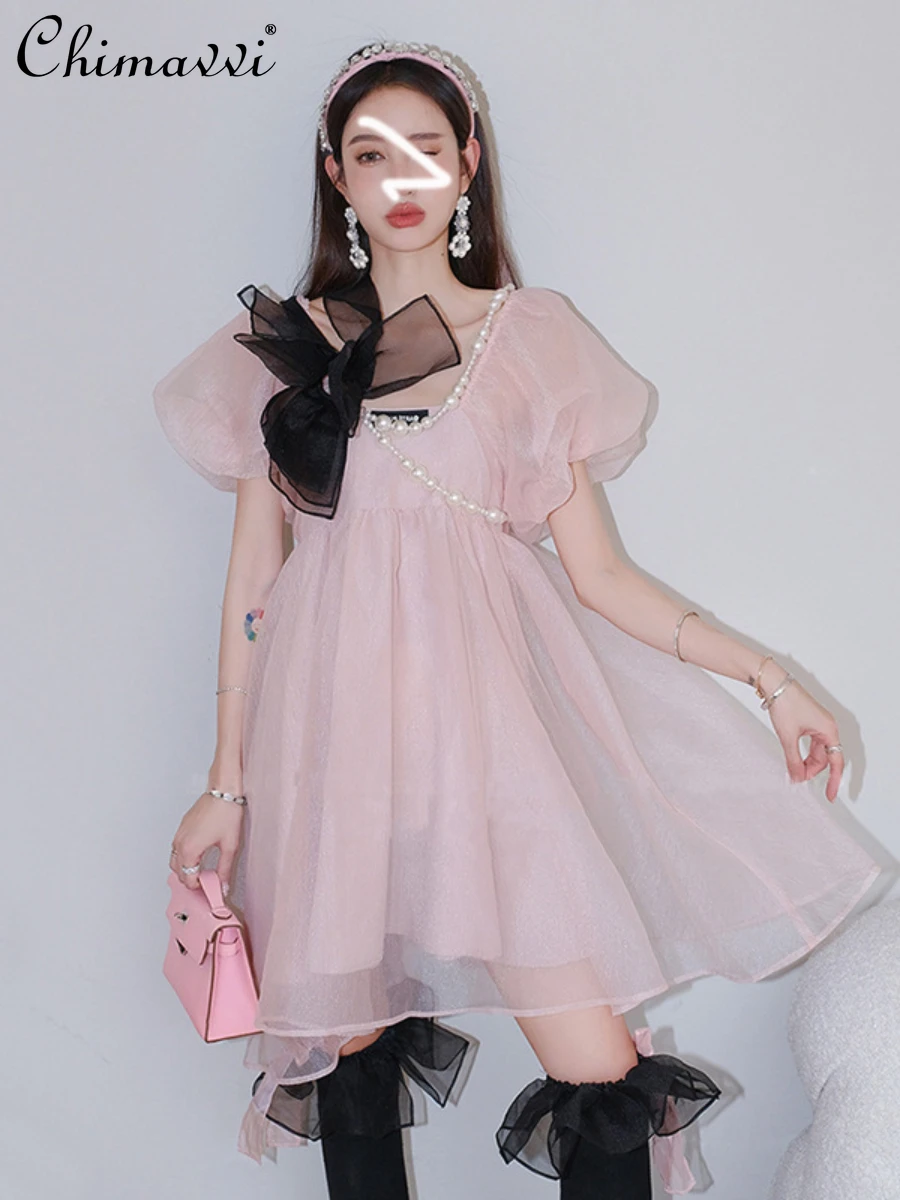 French Style Pink Pearl Puff Sleeve Bow Bandage Mesh Dress for Women 2022 Summer Dresses New Fashion Bead Slim Fit Fairy Dress
French Style Pink Pearl Puff Sleeve Bow Bandage Mesh Dress for Women 2022 Summer Dresses New Fashion Bead Slim Fit Fairy Dress