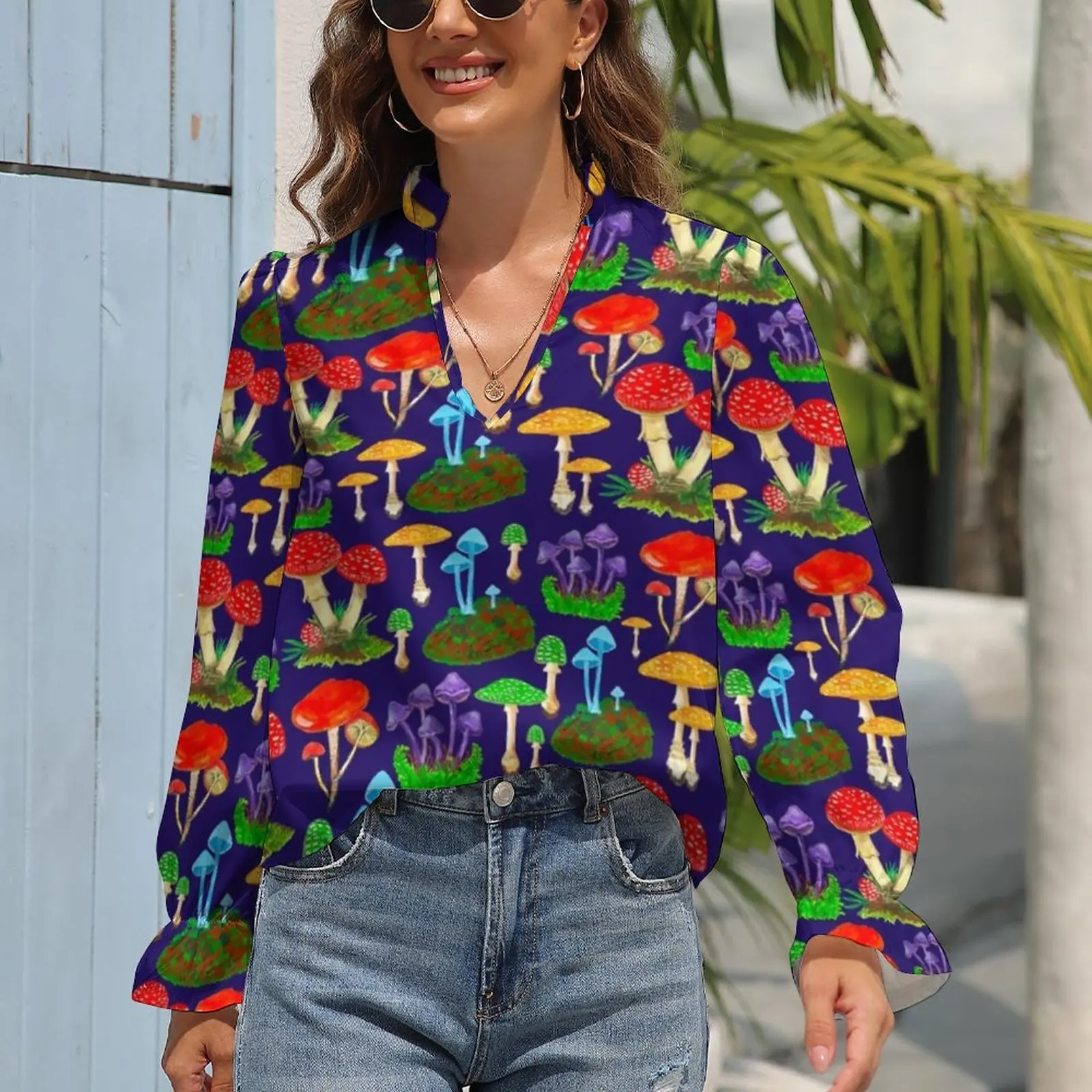 Mushroom Foray Chiffon Blouse V Neck Colorful Mushrooms Office Blouses Spring Ruffled Long Sleeve Classic Shirt Lady Graphic Top
Mushroom Foray Chiffon Blouse V Neck Colorful Mushrooms Office Blouses Spring Ruffled Long Sleeve Classic Shirt Lady Graphic Top