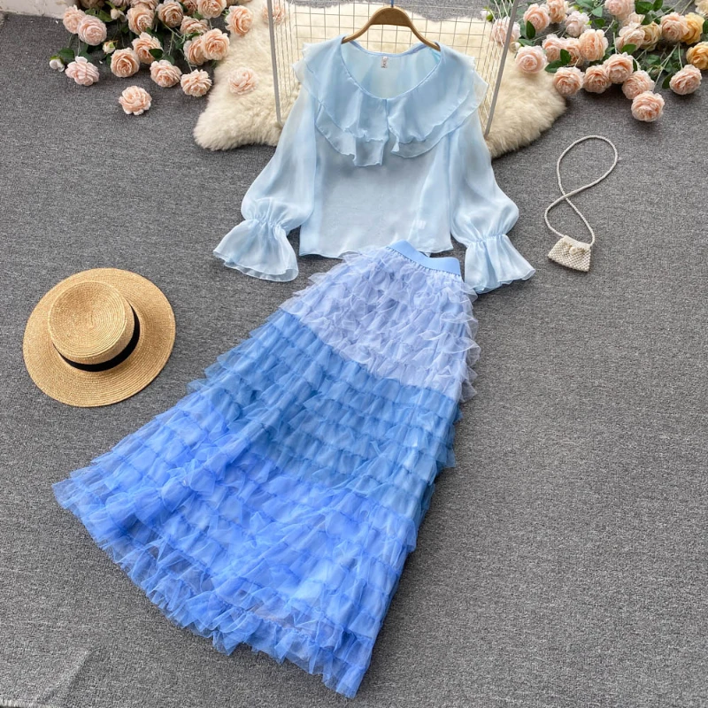 Sweet Gradient Maxi Long Cakee Mesh Skirt Set Ruffled Long Sleeved Blouse A-line Ankle Long Tulle Skirt 2-Piece Clothing Set
Sweet Gradient Maxi Long Cakee Mesh Skirt Set Ruffled Long Sleeved Blouse A-line Ankle Long Tulle Skirt 2-Piece Clothing Set
