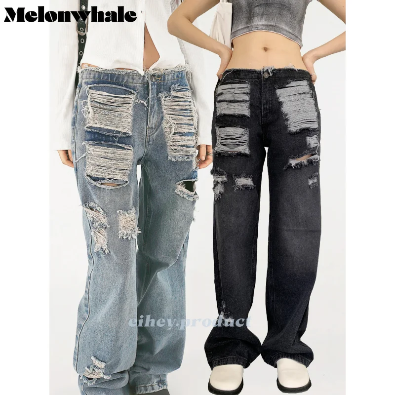 

MelonWhale High Waist Blue Black Burr Irregular Denim Wide Leg Jeans Do Old New Loose Women Trousers Spring Summer 2023 M432