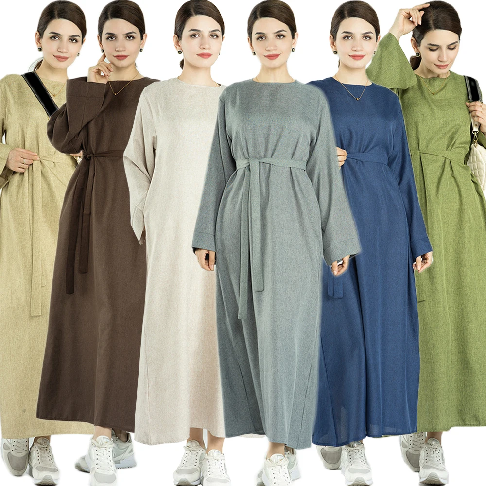 

Turkey Arab Modest Abaya Muslim Women Casaul Long Maxi Dress Eid Ramadan Kaftan Dubai Islamic Robe Belted Femme Jalabiya Vestido
