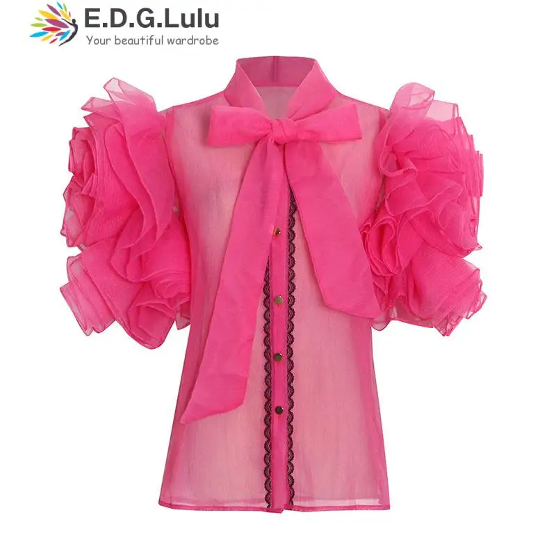 EDGLuLu Spring Summer 2022 O-neck Lace-up Bow Chiffon Blouses Women Short Sleeve Ruffle Patchwork Red Black Mesh Shirt 0224
EDGLuLu Spring Summer 2022 O-neck Lace-up Bow Chiffon Blouses Women Short Sleeve Ruffle Patchwork Red Black Mesh Shirt 0224