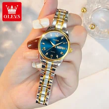 OLEVS Brand New Fashion Quartz Watch Women Waterproof Classic Week Date Luxury Womens Watches Stainless Steel Blue Wristwatch