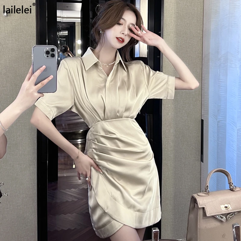 Pleated Button Short Sleeve Shirt Dress Mini Summer White Vintage Elegant Black Office Vestido De Mujer Blue Korea Temperament
Pleated Button Short Sleeve Shirt Dress Mini Summer White Vintage Elegant Black Office Vestido De Mujer Blue Korea Temperament