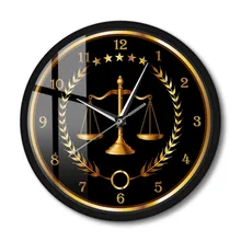 Scale Of Justice Metal Frame Round Clock Silent Judge Law Black Watch For Lawyer Office Decor Law Firm Living Room Wall Art