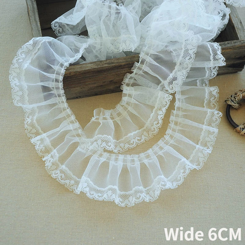 

6CM Wide White Tulle Mesh Crinkle Lace Pleated Embroidery Fringed Ribbon Dress Guipure Collar Cuffs Ruffle Trim DIY Sewing Decor